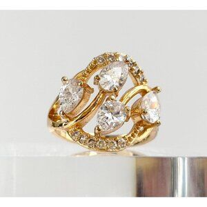 Pear Cut CZ Gemstone Swirl | Art Nouveau Vintage Gold Tail Ring - sz 8.75